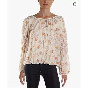 Free People Boho Cottagecore Semi-Sheer Peasant Floral Blouse‎ Oversized M Ivory